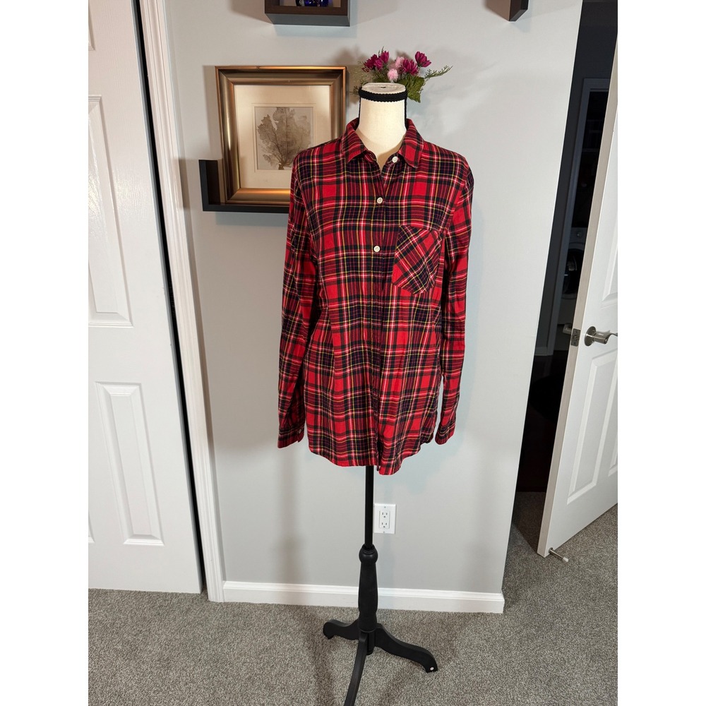 Old Navy Womens Red Plaid Flannel Shirt Tall Medium Long Sleeve Cotton Button Up